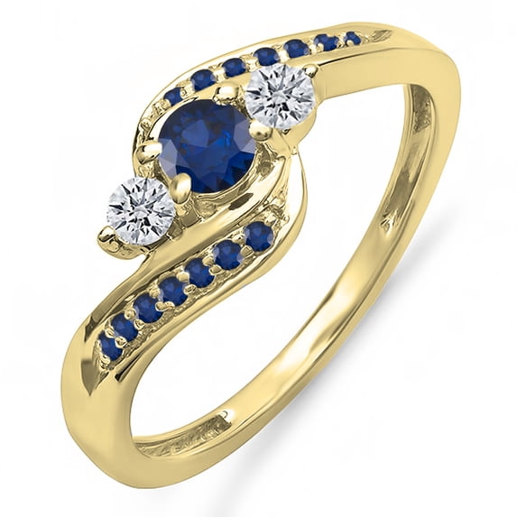0.75 Carat (ctw) 14K Yellow Gold Round Blue Sapphire And White Diamond Ladies Swirl Engagement 3 Stone Bridal Ring 3/4 C