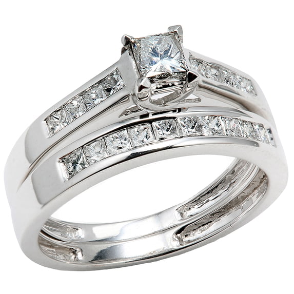 0.75 Carat (ctw) 14k White Gold Princess Diamond Ladies Bridal Ring Engagement Matching Wedding Band Set