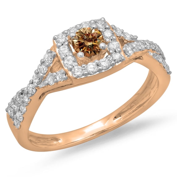 0.75 Carat (ctw) 18K Rose Gold Round Cut Champagne & White Diamond Ladies Bridal Swirl Split Shank Halo Engagement Ring