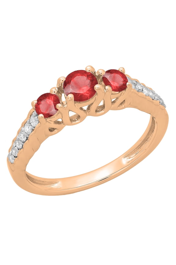 0.75 Carat (ctw) 18K Rose Gold Round Cut Red Ruby & White Diamond Ladies Bridal 3 Stone Engagement Ring 3/4 CT