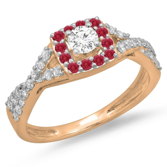 0.75 Carat (ctw) 18K Rose Gold Round Cut Ruby & White Diamond Ladies Bridal Swirl Split Shank Halo Engagement Ring 3/4 C