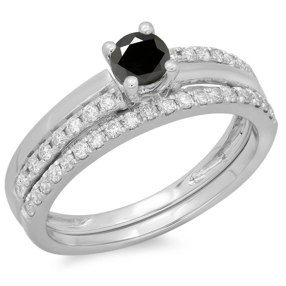 0.75 Carat (ctw) 18K White Gold Round Cut Black & White Diamond Ladies Bridal Engagement Ring With Matching Band Set 3/4