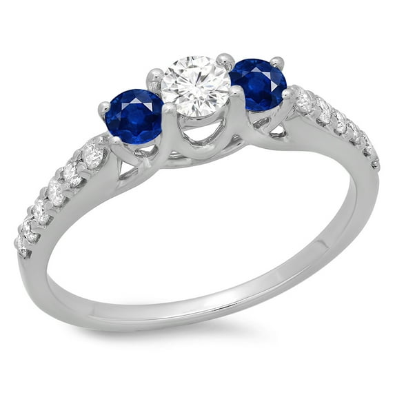 0.75 Carat (ctw) 18K White Gold Round Cut Blue Sapphire & White Diamond Ladies Bridal 3 Stone Engagement Ring 3/4 CT
