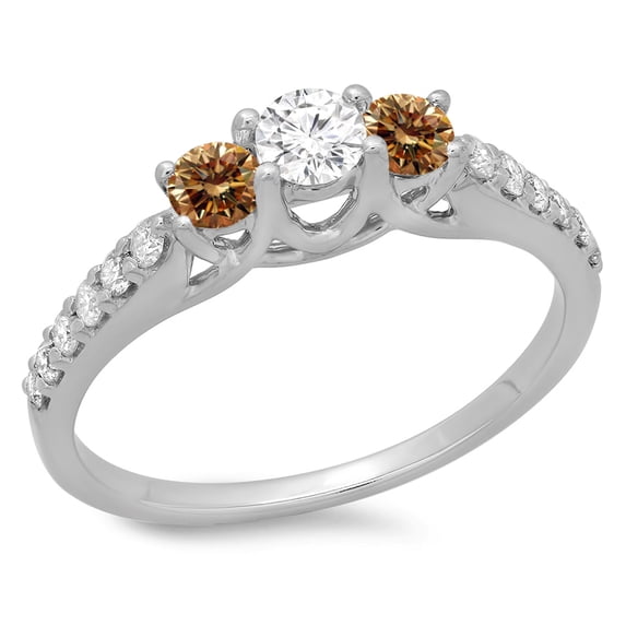 0.75 Carat (ctw) 18K White Gold Round Cut Champagne & White Diamond Ladies Bridal 3 Stone Engagement Ring 3/4 CT