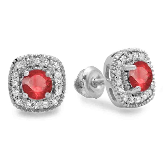 0.75 Carat (ctw) 18K White Gold Round Cut Ruby & White Diamond Ladies Halo Stud Earrings 3/4 CT