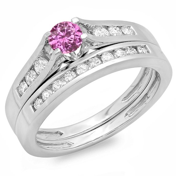 0.75 Carat (ctw) 18K White Gold Round Pink Sapphire & White Diamond Ladies Bridal Engagement Ring Matching Band Set 3/4