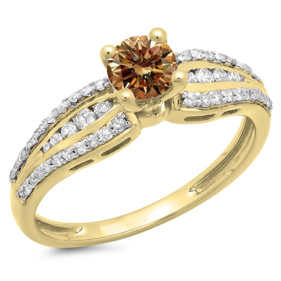 0.75 Carat (ctw) 18K Yellow Gold Round Champagne & White Diamond Ladies Solitaire With Accents Bridal Engagement Ring 3/