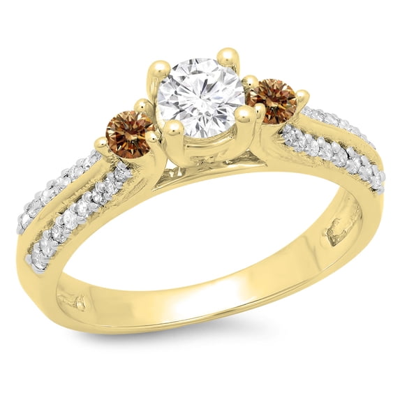 0.75 Carat (ctw) 18K Yellow Gold Round Cut Champagne & White Diamond Ladies Bridal 3 Stone Engagement Ring 3/4 CT