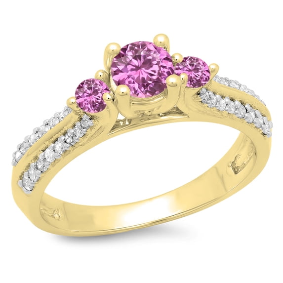 0.75 Carat (ctw) 18K Yellow Gold Round Cut Pink Sapphire & White Diamond Ladies Bridal 3 Stone Engagement Ring 3/4 CT