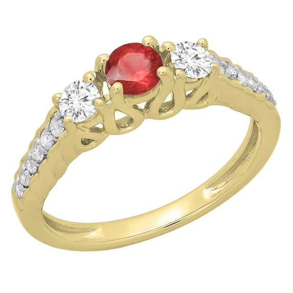 0.75 Carat (ctw) 18K Yellow Gold Round Cut Red Ruby & White Diamond Ladies Bridal 3 Stone Engagement Ring 3/4 CT