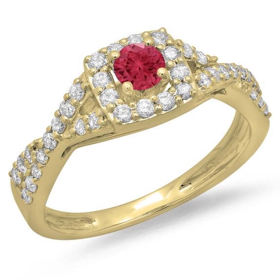 0.75 Carat (ctw) 18K Yellow Gold Round Cut Red Ruby & White Diamond Ladies Bridal Swirl Split Shank Halo Engagement Ring