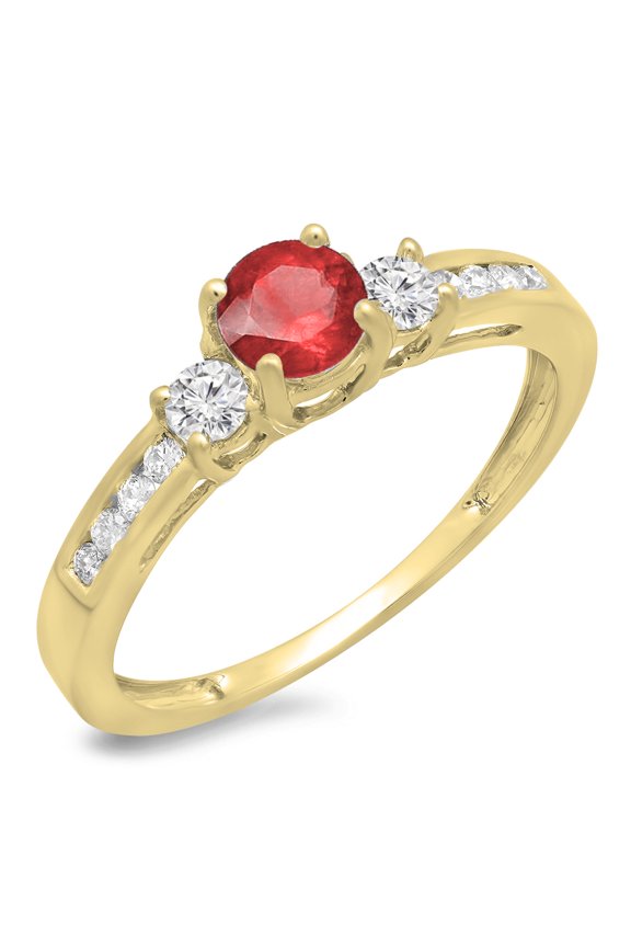 0.75 Carat (ctw) 18K Yellow Gold Round Cut Ruby & White Diamond Ladies Bridal 3 Stone Engagement Ring 3/4 CT