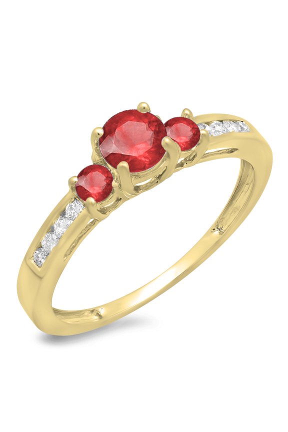 0.75 Carat (ctw) 18K Yellow Gold Round Cut Ruby & White Diamond Ladies Bridal 3 Stone Engagement Ring 3/4 CT