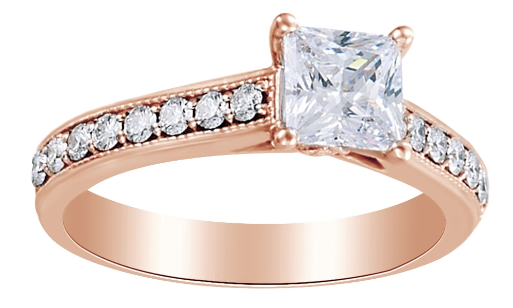 Rose Solid AFFY 0.75 Ct Princess Shape White Diamond Solitaire Engagement Ring In ...