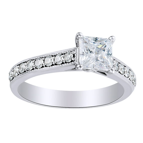 AFFY 0.75 Ct Princess Shape White Diamond Solitaire Engagement Ring In 14K Solid White Gold