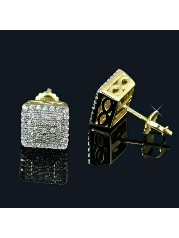 0.75 Ct Round Cut Simulated Diamond Men's Square Box Cluster Stud Earring 14K Yellow Gold Plated Silver