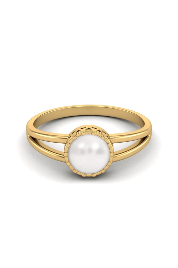 0.75 Cts Round Shape Bezel Set Pearl Solitaire 925 Sterling Silver Gold Vermeil Split Shank Mother's Day Gift Rings For Women