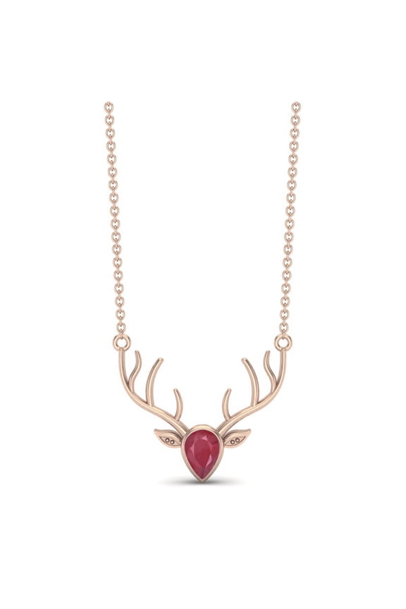 0.75 Cts Ruby Glass Filled 925 Sterling Silver Rose Vermeil Realistic Stag Head Face Animal Charm Women Valentines Day Gifts Necklace