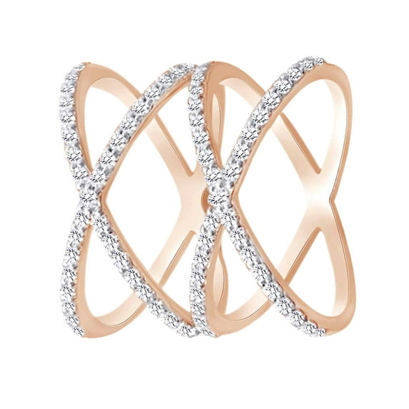 AFFY (0.75 Cttw) Round Cut White Natural Diamond Dual Crossover X Ring In 14K Solid Rose Gold,Ring Size-4