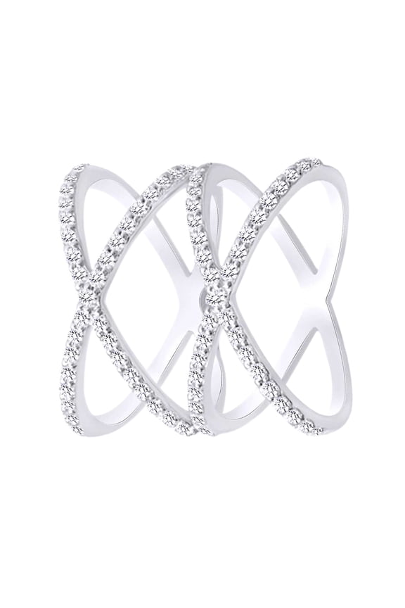 (0.75 Cttw) Round Cut White Natural Diamond Dual Crossover X Ring In 14K Solid White Gold,Ring Size-14