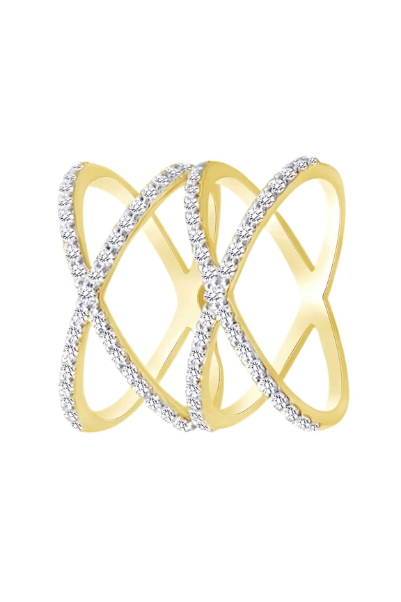 (0.75 Cttw) Round Cut White Natural Diamond Dual Crossover X Ring In 14K Solid Yellow Gold,Ring Size-14