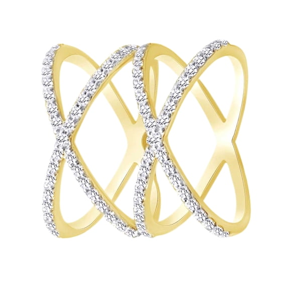 AFFY (0.75 Cttw) Round Cut White Natural Diamond Dual Crossover X Ring In 14K Solid Yellow Gold,Ring Size-8