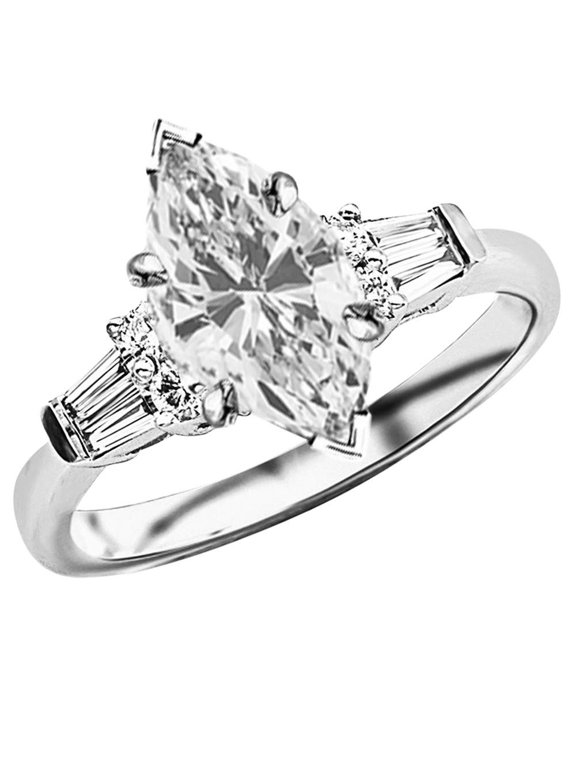 0.75 Ctw 14K White Gold Baguette Round Marquise Cut Diamond Engagement Ring (0.5 Ct G Color VS1 Clarity Center Stone)