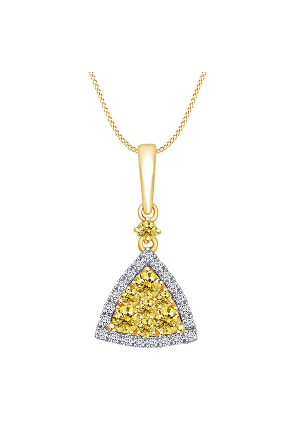 0.75 Ctw Round Cut White & Yellow Natural Diamond Triangle Halo Pendant Necklace 14K Solid Two Tone Gold