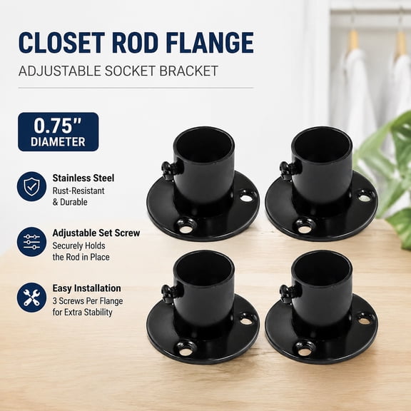 0.75 Inch Diameter Stainless Steel Matte Black Adjustable Closet Rod Flange Holder Shower Socket Bracket Support Pack of 4