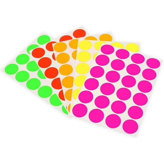 0.75 Inch Permanent Round Color Code Dot Stickers, 5 Assorted Colors, 1200 Stickers per Variety Pack, 24 Labels per Sheet, Fluorescent
