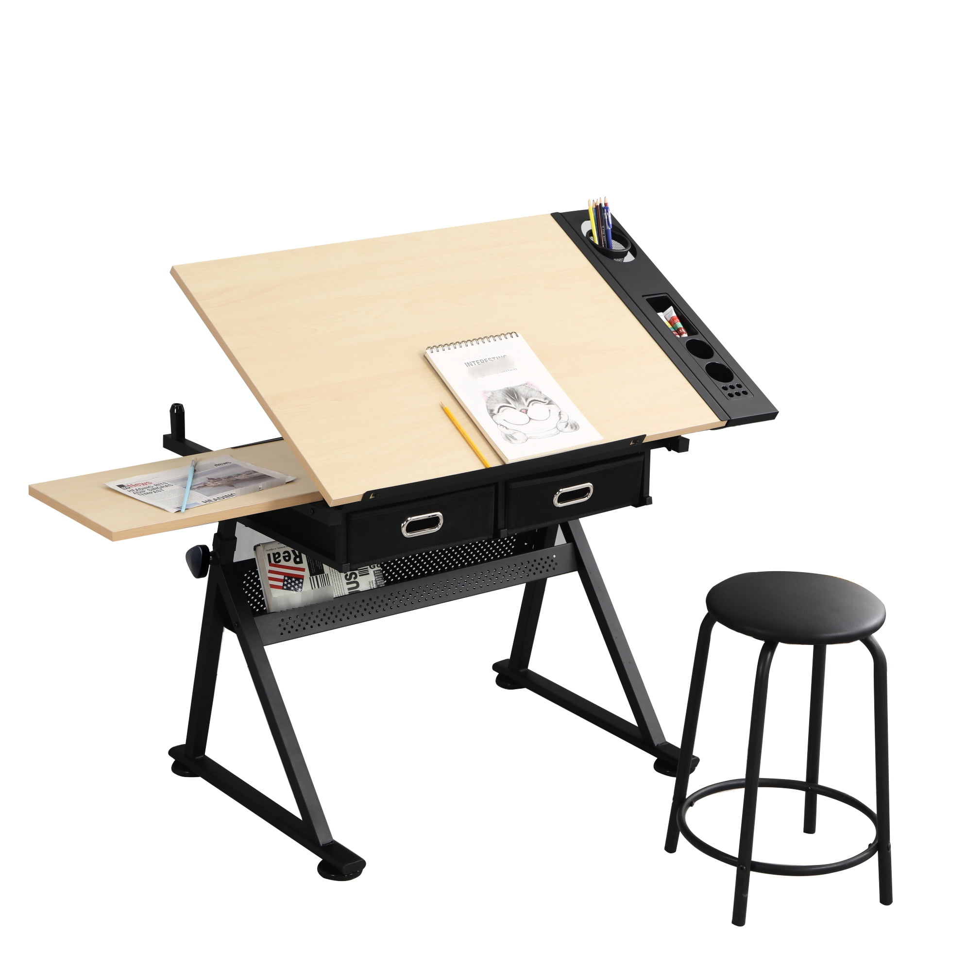 0 - 75° Tilting Drafting Table Desk With 2 Drawers And Stool For Home ...