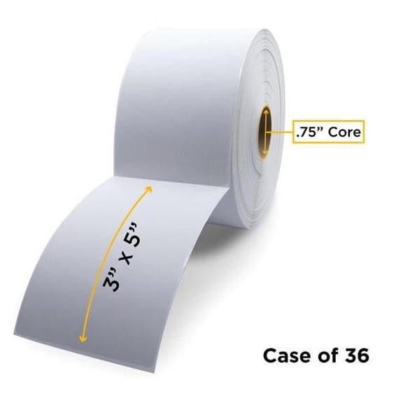 0.75 in. ID x 2.25 in. Max OD Non-OEM New Direct Thermal Label Roll for Mobile Barcode Printers, White - 3 x 5 in. - Case of 36