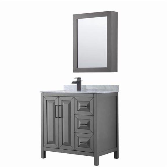 0.75 x 36 x 22 in. Daria Single Bathroom Vanity with White Carrara Marble Countertop, Undermount Square Sink Matte Black Trim & Medicine Cabinet, Dark Gray