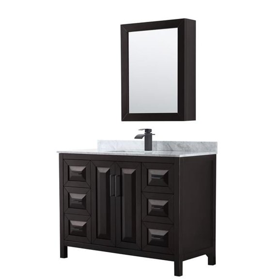 0.75 x 48 x 22 in. Daria Single Bathroom with White Carrara Marble Countertop, Undermount Square Sink Matte Black Trim & Medicine Cabinet, Dark Espresso