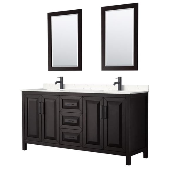 0.75 x 72 x 22 in. Daria Double Bathroom with Undermount Square Sink Matte Black Trim & 24 in. Mirror, Dark Espresso