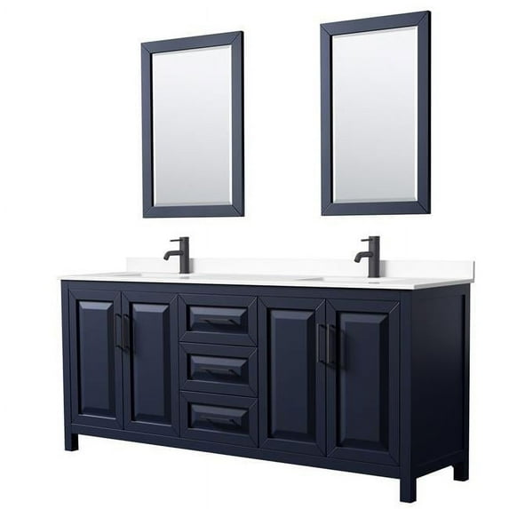 0.75 x 80 x 22 in. Daria Double Bathroom Vanity with White Cultured Marble Countertop, Undermount Square Sink Matte Black Trim & 24 in. Mirror, Dark Blue