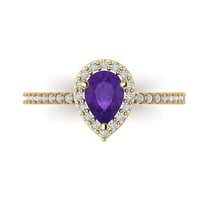 0.755 ctw Solitaire with Zirconia Diamond Accents Anniversary Ring for Women | Pear Cut Natural Amethyst | Hyperallergenic Solid 18K Yellow Gold