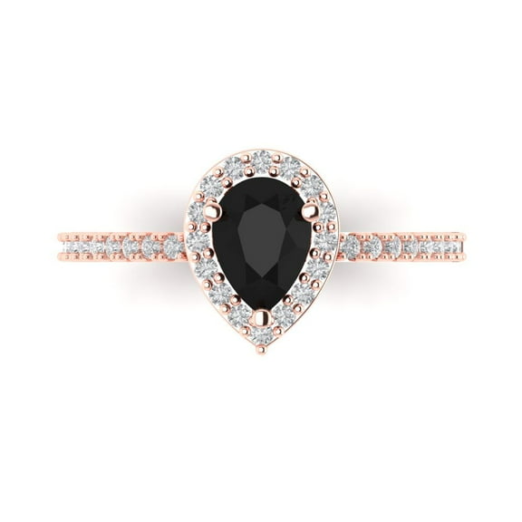 0.755 ctw with Simulated Diamond Halo Accents Anniversary Ring for Women | Pear Cut Natural Onyx | Hyperallergenic Solid 14K Rose Gold