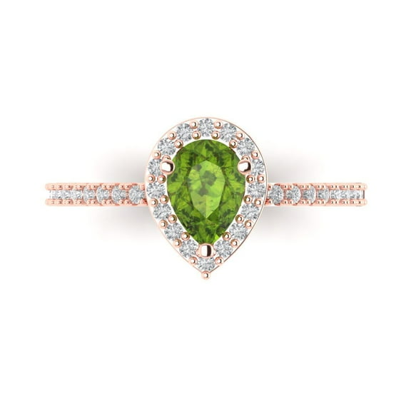 0.755 ct Pear Cut Natural Peridot with Simulated Diamond Halo Accents 18K Rose Gold Womens Engagement Ring
