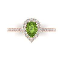 0.755 ct Pear Cut Natural Peridot with Simulated Diamond Halo Accents 18K Rose Gold Womens Engagement Ring