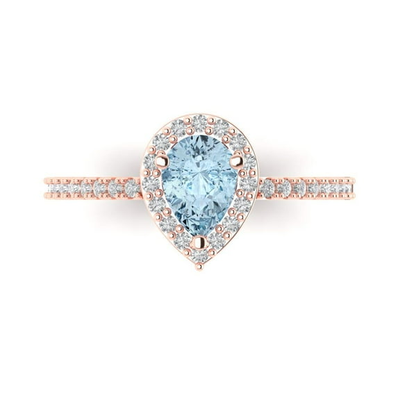 0.755 ct Pear Cut Natural Sky Blue Topaz with Simulated Diamond Halo Accents 18K Rose Gold Womens Engagement Ring