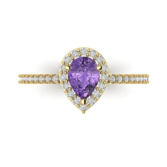 0.755 ct Pear Cut Simulated Alexandrite Solitaire with Accents Engagement Ring for Women in 18K Yellow Gold