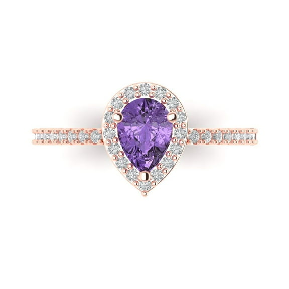 0.755 ct Pear Cut Simulated Alexandrite with Simulated Diamond Halo Accents 14K Rose Gold Womens Engagement Ring
