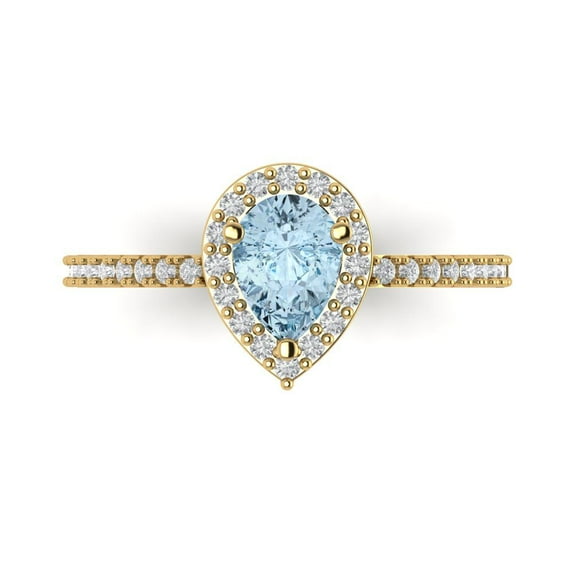 0.755 ct Pear Cut Simulated Blue Diamond Solitaire with Simulated Diamond Accents 18K Yellow Gold Womens Engagement Ring