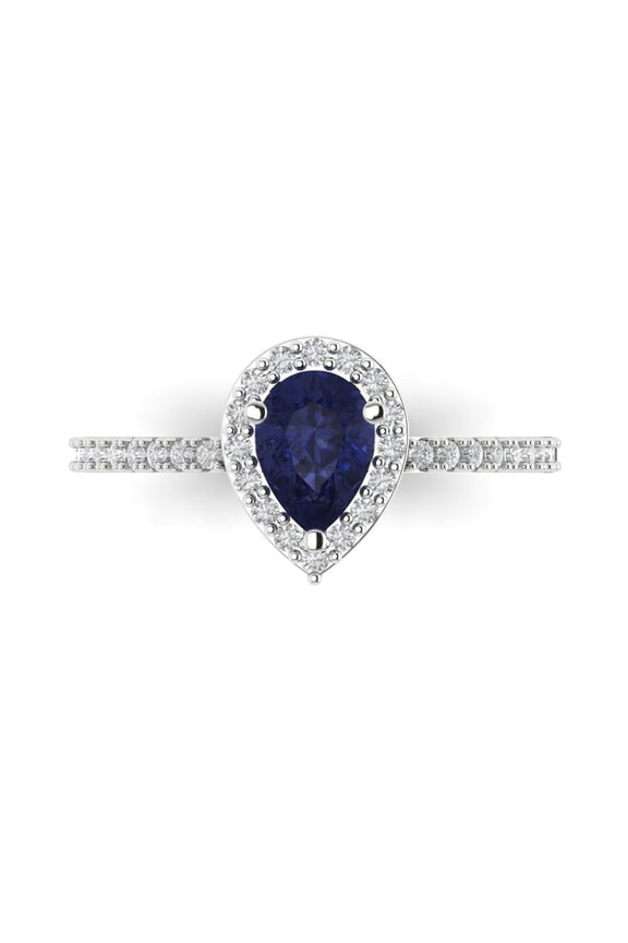 0.755 ct Pear Cut Simulated Blue Sapphire Solitaire with Accents Engagement Ring for Women in 14K White Gold