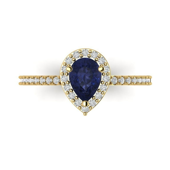 0.755 ct Pear Cut Simulated Blue Sapphire Solitaire with Simulated Diamond Accents 14K Yellow Gold Womens Engagement Ring
