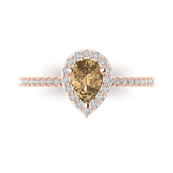 0.755 ct Pear Cut Simulated Champagne Diamond with Simulated Diamond Halo Accents 14K Rose Gold Womens Engagement Ring