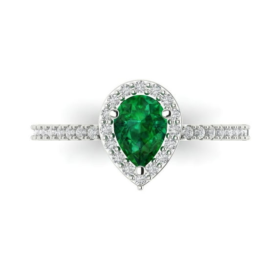 Clara Pucci 14K White Gold Solid Gold Emerald Solitaire with Accents Anniversary Ring for Women - 0.755 cttw Pear Cut