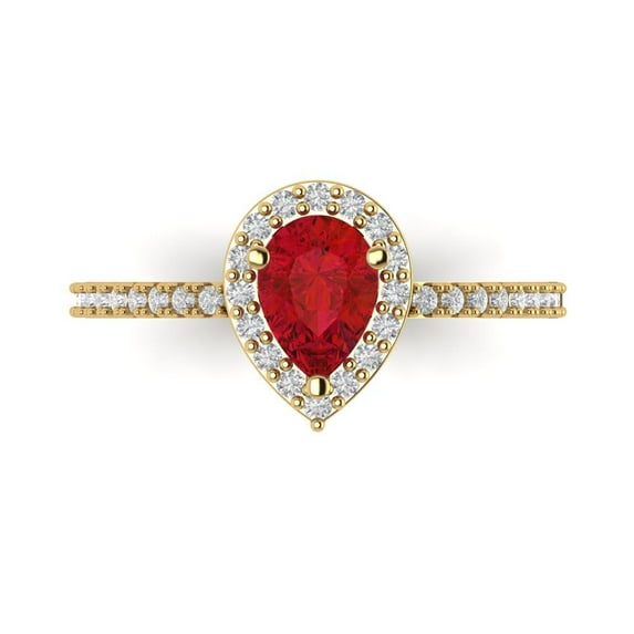 0.755 ctw Solitaire with Zirconia Diamond Accents Anniversary Ring for Women | Pear Cut Simulated Ruby | Hyperallergenic Solid 14K Yellow Gold