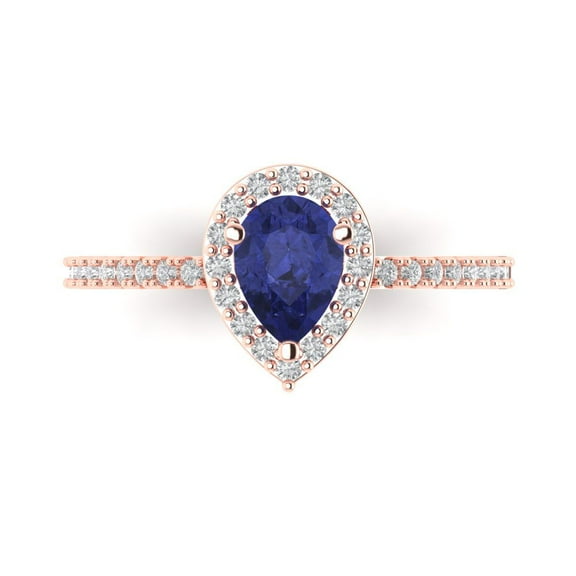 0.755 ct Pear Cut Simulated Tanzanite with Simulated Diamond Halo Accents 14K Rose Gold Womens Engagement Ring